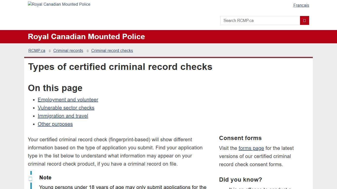 Types of certified criminal record checks | Royal Canadian Mounted Police